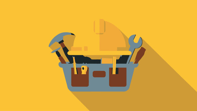 Flat design toolbox with construction and repair tools helmet, hammer, wrench. Ideal for building and maintenance