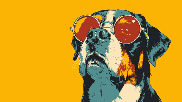 Stylish canine with retro sunglasses on a vibrant yellow background, rendered in a striking flat graphic illustration style, embodying a cool and trendy aesthetic