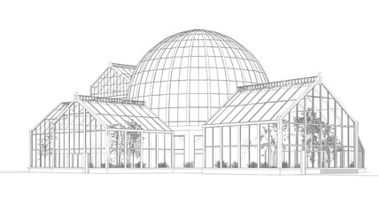 Architectural of a large greenhouse complex with a central dome and attached wings, featuring glass panels and visible plants © MadhobiRani
