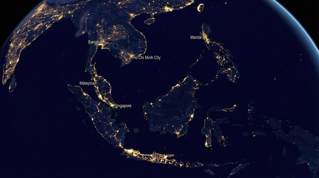 Earth at night showing illuminated cities across the Southeast Asian region from a satellite perspective, highlighting population density and urban development.