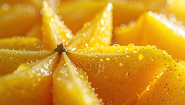 Close-up Macro Shot of Fresh Star Fruit Slices with Water Droplets.