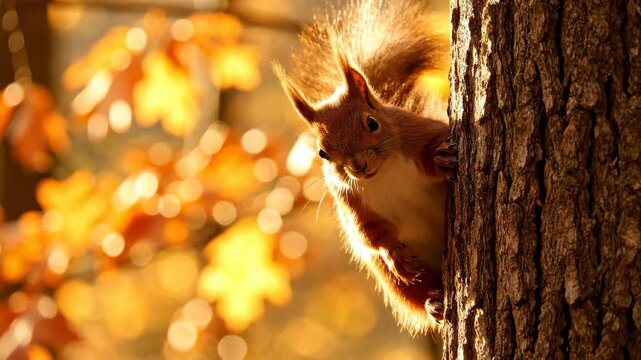 This captures a curious squirrel peeking from behind a tree trunk in a vibrant autumn forest. The scene is filled with warm sunlight and colorful leaves, creating a peaceful and serene atmosphere.