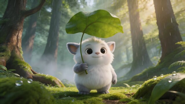 Cute fluffy creature holding leaf in forest