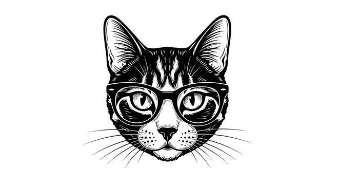 Black and white graphic of a cat wearing eyeglasses on white background