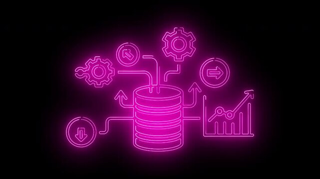 Neon pink illustration of a database with interconnected gears and graphs on a black background.