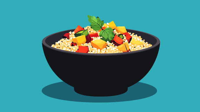 A vibrant illustration showcasing a healthy quinoa salad in a black bowl on a teal background