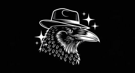 Obraz premium Raven illustration in hat with starry effect graphic design on black background