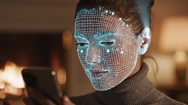 This shows a woman with facial recognition technology scanning her face while using a smartphone in a dimly lit room. The interface highlights the intersection of technology and everyday life.
