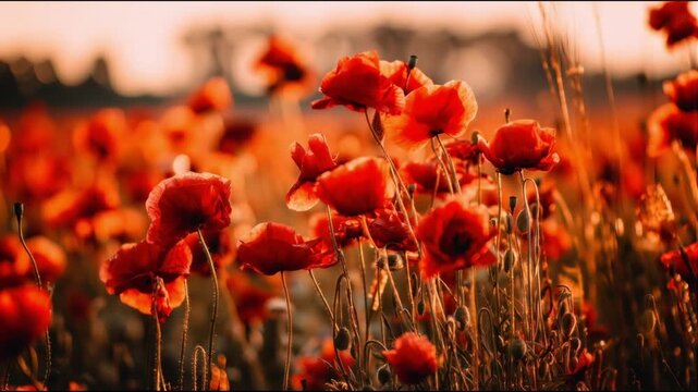 Vibrant red poppies sway in golden sunset light, symbolizing 25 April Festa della Liberazione. Ideal for commemorative, historical, and nature-themed video projects, featuring Partisan