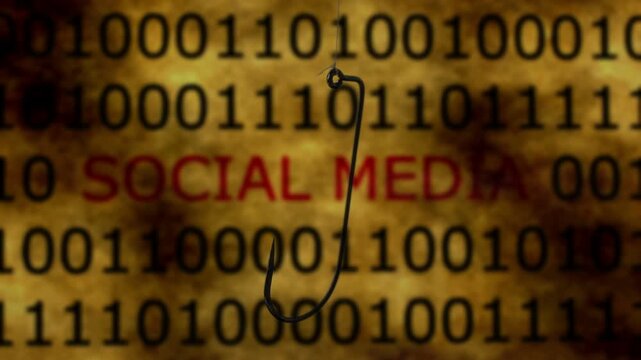 Social Media Concept With Fishing Hook Over Text Symbolizing Phishing Scam