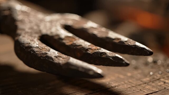 Closeup of a rusty garden fork on weathered wood.
