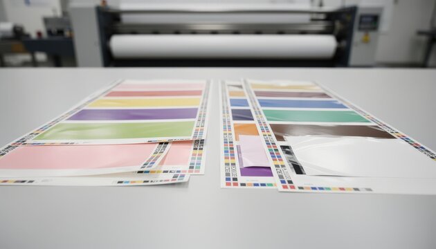 Medium shot focusing on packaging materials with printed registration marks ensuring accurate color overlay in label manufacturing.