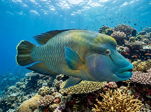 Close-up of a large Napoleon Wrasse fish swimming amongst a vibrant coral reef in clear blue ocean water, showcasing its distinctive hump and coloring