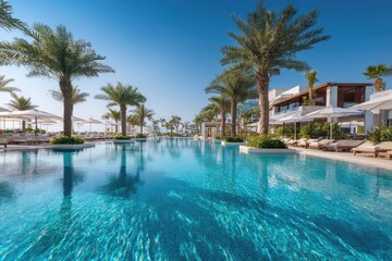 Obraz premium Luxurious resort pool with palm trees, lounge chairs, and clear blue water