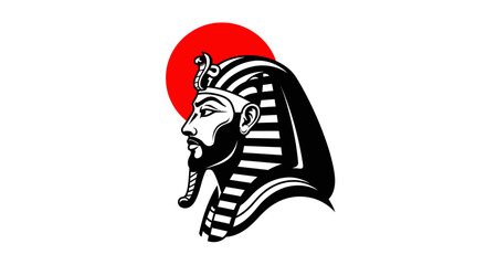 Ancient pharaoh wearing a striped headdress stands against a red sun © Byone