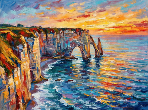 Etretat cliffs Normandy sunset coastal landscape painting illustration