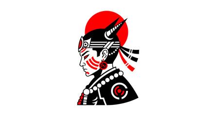 Warrior in traditional Japanese headgear stands against a red sun backdrop © Byone