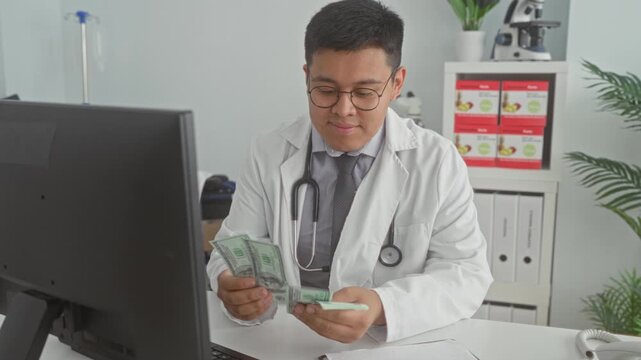 Man doctor counting dollars and fanning cash at building desk with stethoscope visible; financial greed.