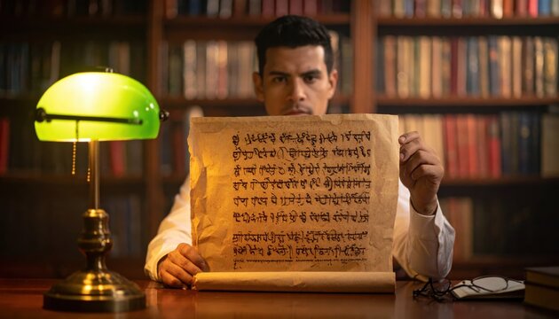 Man displays ancient Sanskrit scroll in library setting, holding the aged manuscript with intricate characters under a vintage lamp.