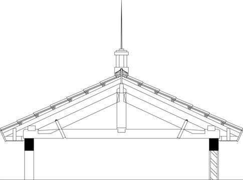 Technical architectural drawing of a gable roof truss structure with king post, rafters, tie beam, braces, roof tiles, and decorative finial in cross-section.