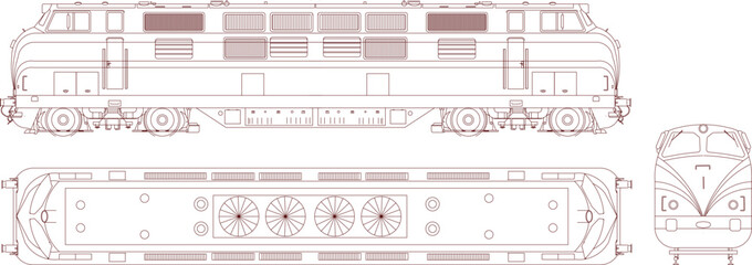 Technical line drawing of a diesel locomotive featuring side, top, and front views with detailed wheels, vents, windows, and mechanical structures. © Riki