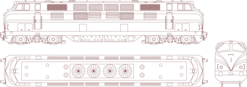 Technical line drawing of a diesel locomotive featuring side, top, and front views with detailed wheels, vents, windows, and mechanical structures.