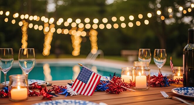 Festive fourth of july celebration outdoor dining with american flags and lights