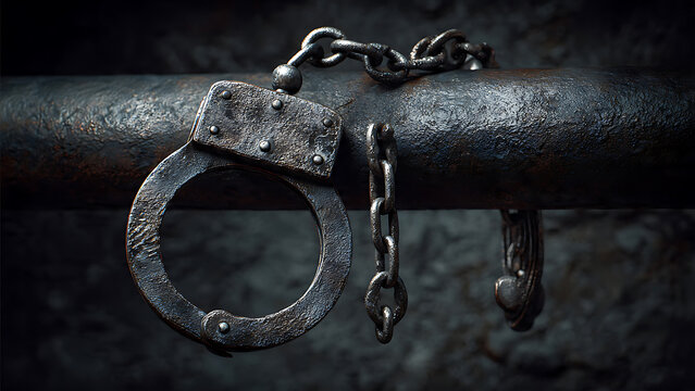 Rusty iron handcuffs on a heavy pipe with dramatic lighting and gritty texture, perfect for crime stories, law articles and prison documentaries.