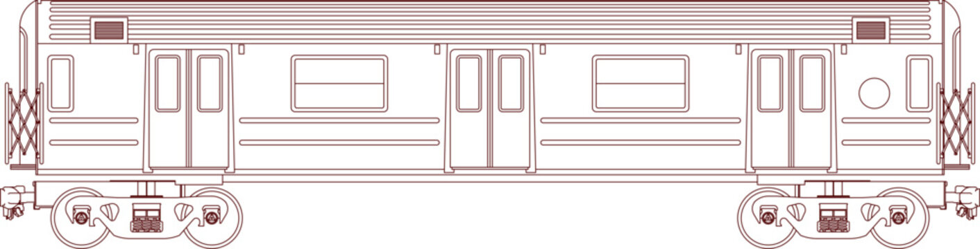 Technical line drawing of a railway passenger car side elevation showing doors, windows, wheels, bogies, and coupling mechanisms in blueprint style.