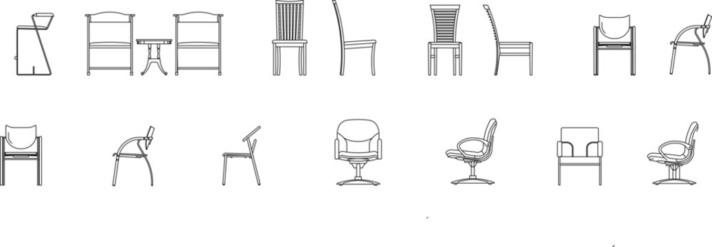 Technical line drawings of various chair designs including dining chairs, office swivel chairs, and armchairs with different back styles and bases.