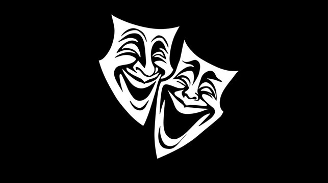 Happy comedy theater masks symbol vector illustration. Joyful drama masks, entertainment, performing arts, laugh and smile concept on black background.