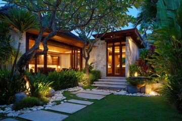 Fototapeta premium Luxurious tropical home exterior at dusk, illuminated, pathway to front door