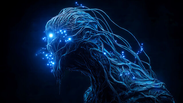 Dark intricate organic root-like entity illuminated by bright blue digital nodes and ethereal tendrils, concept for artificial intelligence, digital technology and scientific innovation
