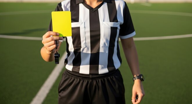 Referee holding a yellow card on a soccer field with a whistle