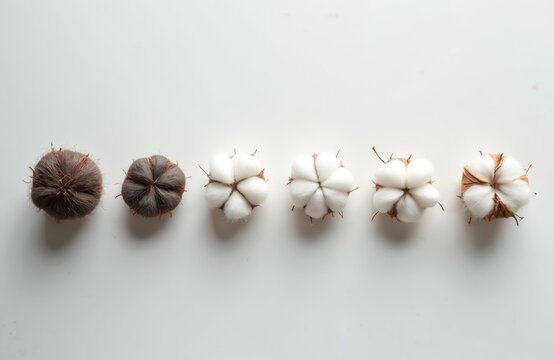 Six cotton bolls arranged in a row against white background. Two dark brown raw cotton pods transition to four fluffy white opened cotton balls ready for harvest. Natural fiber growth stages shown.