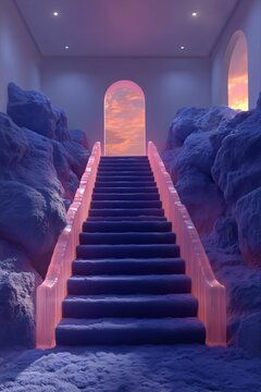 Dreamy Staircase to Archway with Pastel Sky View, Fantasy Interior