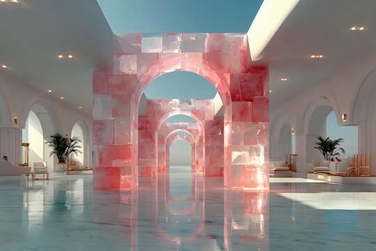 Modern Interior Design with Translucent Pink Arches and Reflective Floor