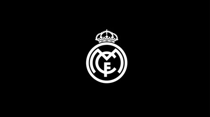Fototapeta premium Minimalist white circular emblem with a majestic crown and abstract intertwined elements on a stark black background.
