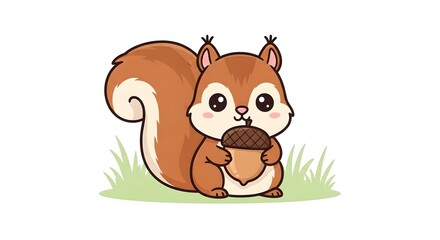 Fototapeta premium Cute cartoon squirrel holding an acorn in a grassy field with a white background