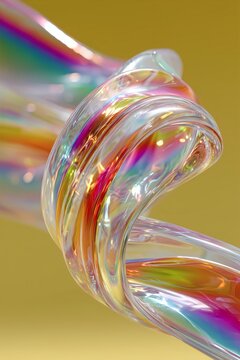 Abstract Swirl of Iridescent Holographic Glass Ribbons on Yellow Background