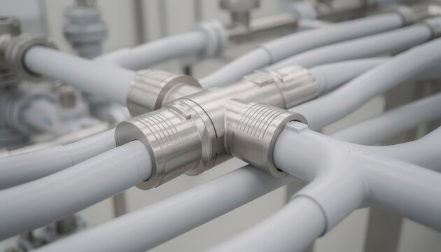 Medium shot focusing on the versatility of hybrid compositemetal pipe systems featuring secure metal terminations paired with flexible composite piping for efficient fluid