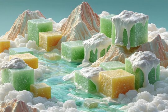 Abstract Sweet Landscape with Cubes, Cream, and Candy Mountains