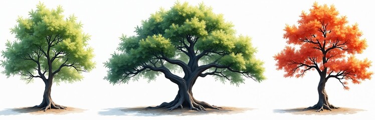 Fototapeta premium Group of three trees one green summer one green spring another red autumn. Ancient oak tree sturdy trunk wide spread roots showing natural beauty and strength.