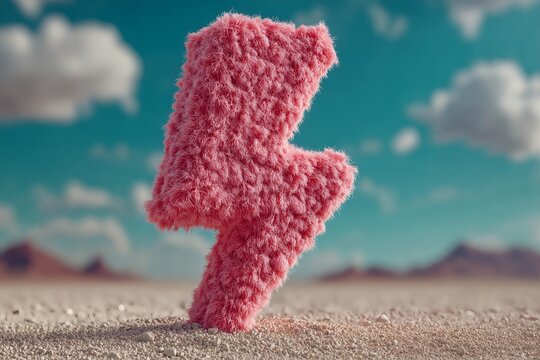 Vibrant Pink Fuzzy Lightning Bolt Symbol Stands in a Desert Landscape