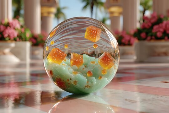 Clear Glass Sphere with Orange Cubes and Green Contents on Tiled Ground