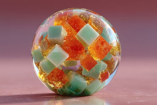 Abstract Glass Sphere with Orange and Mint-Green Cubes on Pink Surface