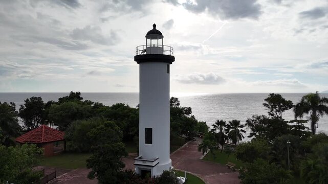 Close aerial view of Rincon lighthouse overlooking ocean Puerto Rico