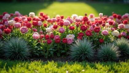 Fototapeta premium Close-up of a flower bed filled with pink and red tulips and roses. Rich green grass and ornamental plants frame the blooming flowers in sunlight. A garden scene.