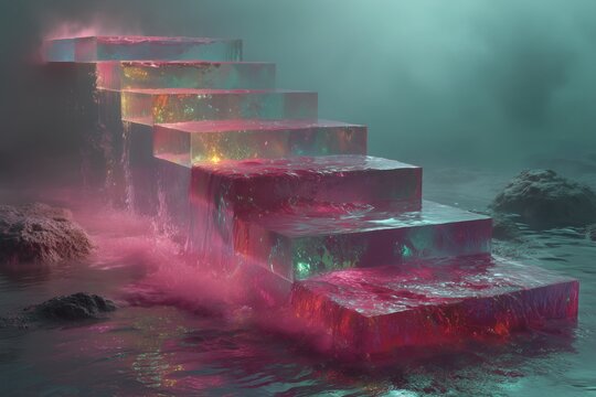 Abstract Glowing Water Staircase in Misty Environment with Vibrant Hues