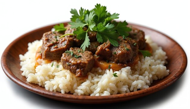 Mansaf dish, tender lamb pieces served on fluffy white rice. Rich gravy pools beneath meat, garnished with fresh parsley sprigs. This traditional Jordanian meal looks delicious on wooden plate.
